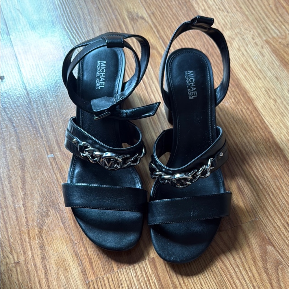 Michael Kors Black Sandals with Silver Chain Detail